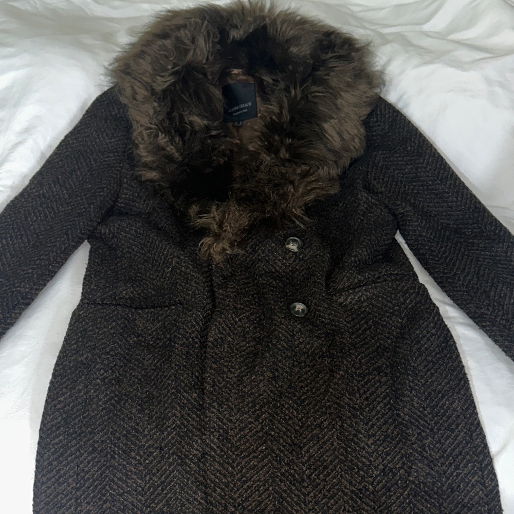 Elegant Fur Collar Pea Coat in Brown